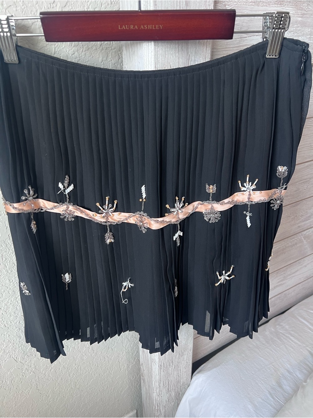 Moda International Black Pleated Embellished Skirt with Blush Ribbon